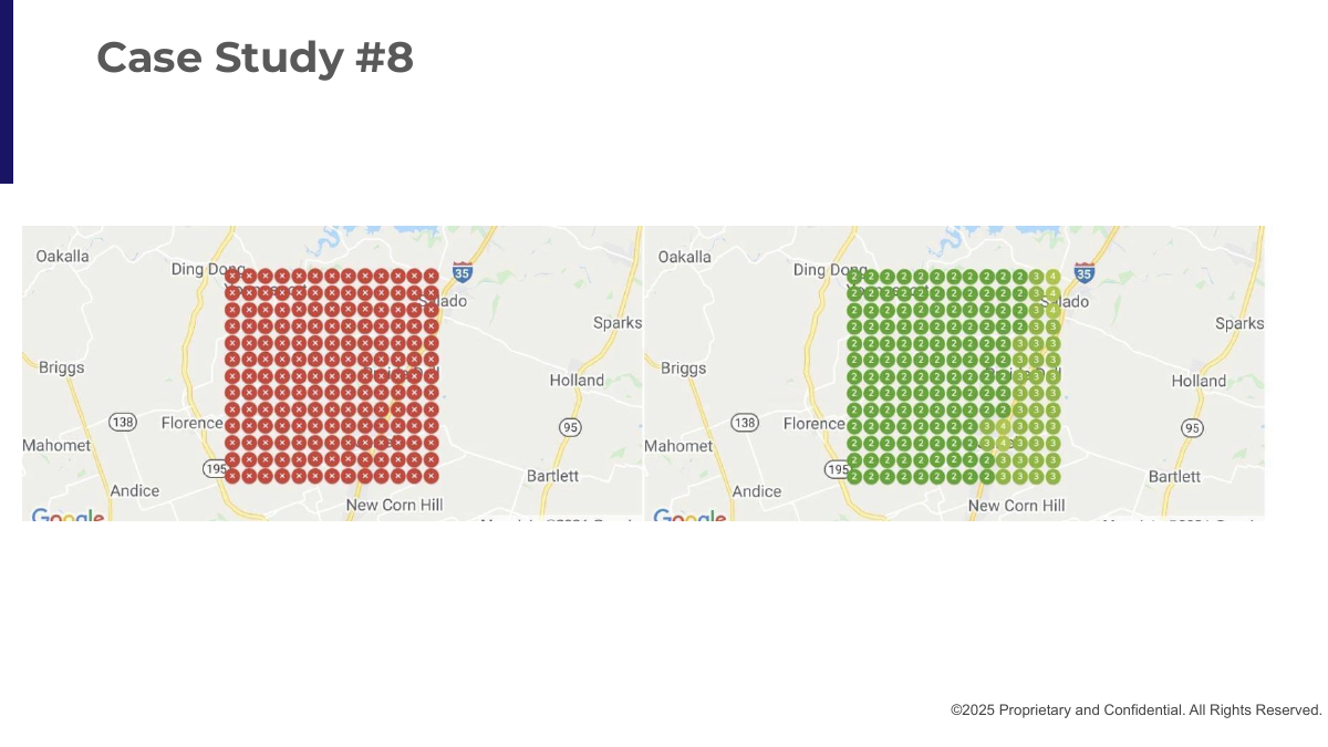 Original slide 26: two anonymized local ranking grids around central Texas, showing red unranked markers in the left panel and mostly positions 2–3 in the right panel.